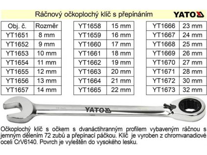 YATO Ráčnový klíč očkoplochý s přepínáním 16mm