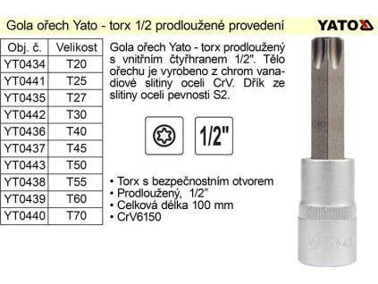 Gola ořech torx 1/2" prodloužený T40 YT-0436