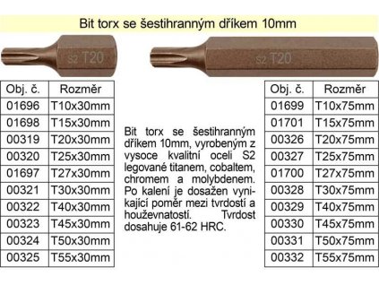 Bit torx T10 se šestihranným dříkem 10mm délka 30mm
