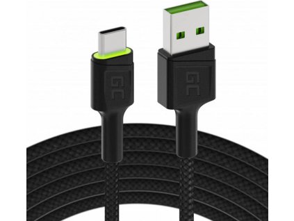 Kabel USB - USB-C Green Cell GC Ray, 120 cm, zelená LED, s funkcí Ultra Charge, QC 3.0