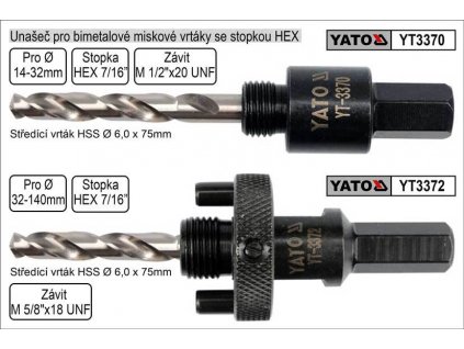 Unašeč pro bimetalové vrtáky 32-200mm se stopkou HEX 11mm YATO YT-3372, 5/8" 16mm