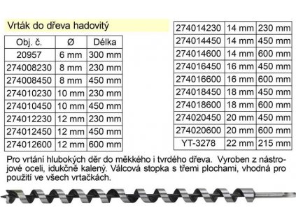 Vrták do dřeva hadovitý samostatný 12x600mm