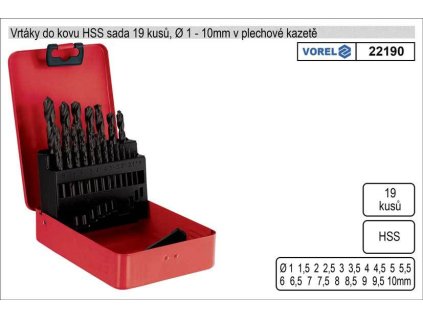 Vrtáky do kovu HSS 1-10mm sada 19 kusů v plechové kazetě