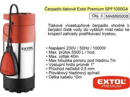 Čerpadlo elektrické nerezové tlakové 1100 W 5500 l / hod Extol Premium 8895008