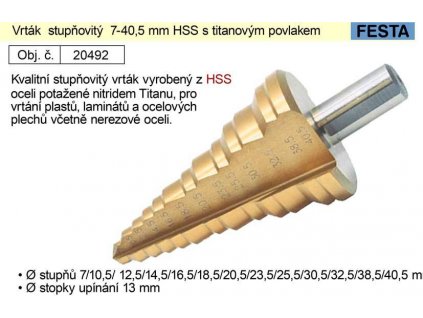 Vrták stupňovitý 7-40,5 mm HSS s titanovým povlakem
