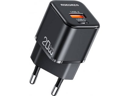 Wall charger MiniGaN Rocoren USB-C, USB, 20W (black)