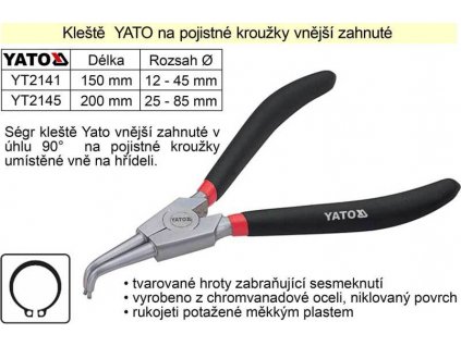 Kleště YATO na pojistné kroužky 150 mm vnější zahnuté