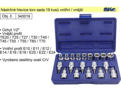 Nástrčné hlavice torx sada 19 kusů s vnitřním a vnější