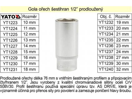 Gola ořech šestihran 1/2" prodloužený 23mm