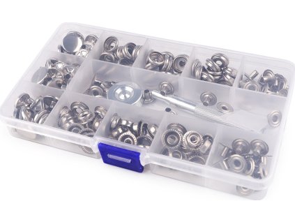 Sada stiskacích knoflíků s kroužkem Ø15 mm s razičem a průbojníkem, na silné látky (Varianta nikl, Balení 1 sada)