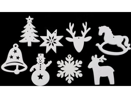 Dřevěné dekorace vánoční vločka, hvězda, stromeček, zvoneček, koník, sob k zavěšení / k nalepení (Balení 6 ks, Varianta 3 bílá strom)