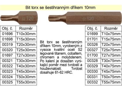 Bit torx T45 se šestihranným dříkem 10mm délka 75mm