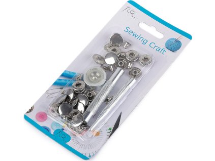 Knoflíky stiskací s pérkem Ø15 mm na středně silné látky, s ručním kovovým aplikátorem (Varianta 1 nikl, Balení 1 sada)