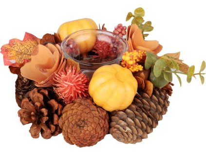 Ikebana MagicHome Nature, podzimní, oranžová, na svíčku, 15x8 cm