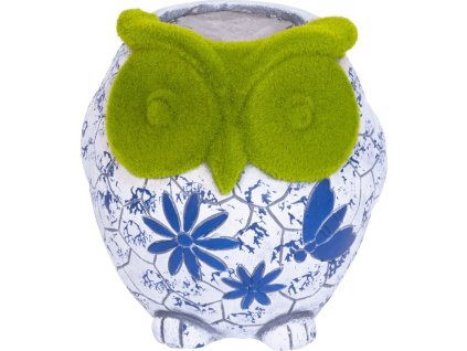 Dekorace MagicHome, Sova s květináčem, modrý ornament, keramika, 26,5x24x27,5 cm
