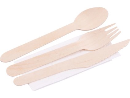 Príbor MagicHome Woodline ECO, drevený nôž, vidlička, lyžica, servítka, 100% Natural