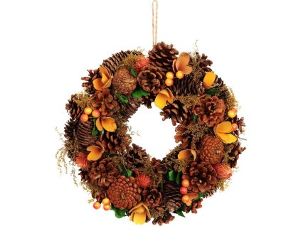 Věnec MagicHome Nature, podzimní, oranžový, s šiškami, 30 cm