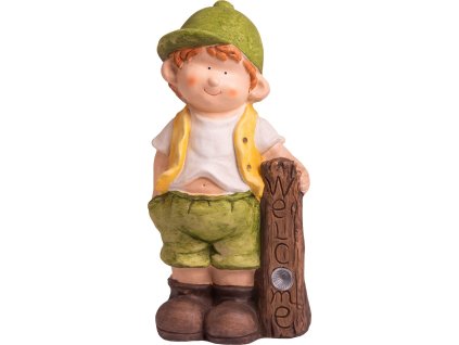 Dekorace MagicHome, Chlapeček s tabulí, keramika, LED, solar, 24x18x49 cm