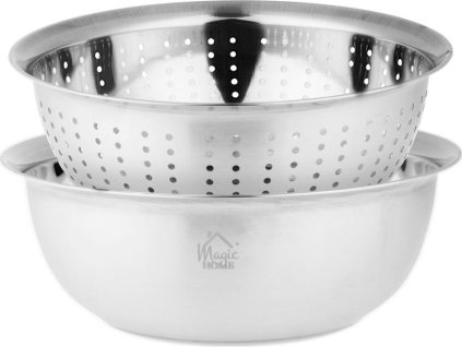 Cedník MagicHome, 26,5 cm, s miskou, kulaté otvory, nerez