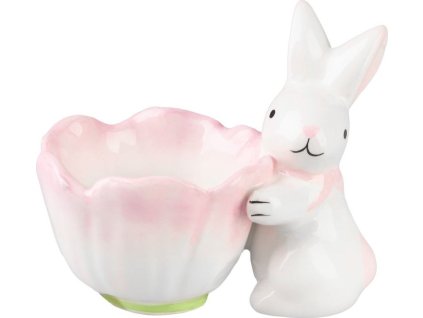 Dekorace MagicHome, Zajíček s miskou na vajíčka, růžový, velikonoční, 7x9x8 cm