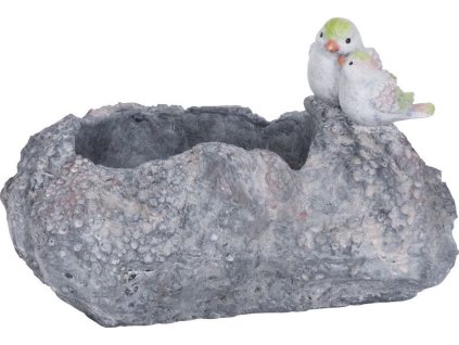 Dekorace MagicHome, Kámen s ptáčkem a květináčem, keramika, 35,5x26,5x20,5 cm