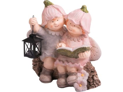 Dekorace MagicHome, Chlapeček a holčička s knihou a lucernou, keramika, 32,5x20,5x35 cm