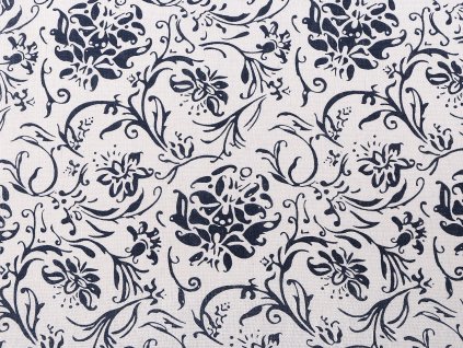 Bavlněná metráž / imitace lnu hrubší, květy (Balení 1 m, Varianta režná modrá tmavá)