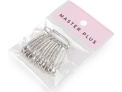 Ozdobný spínací špendlík s broušenými kamínky délka 39 mm (Varianta 1 stříbrná, Balení 12 ks)