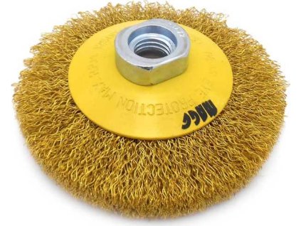 Kartáč rotační miskový 100mm mosazný vlnitý drát pro úhlovou brusku