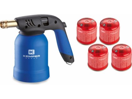 KEMPER - Opalovací hořák piezo + 4x STOPGAS plynová kartuše 360 ml (190 g)