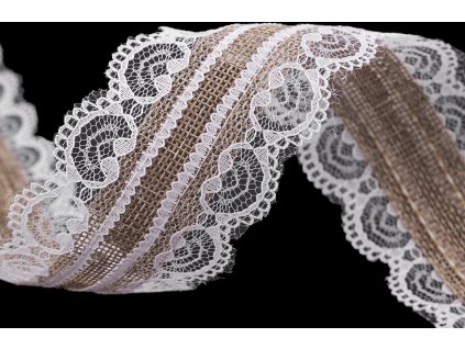 Jutová stuha s krajkou šíře 55 mm (Balení 1 m, Varianta režná přírodní bílá)