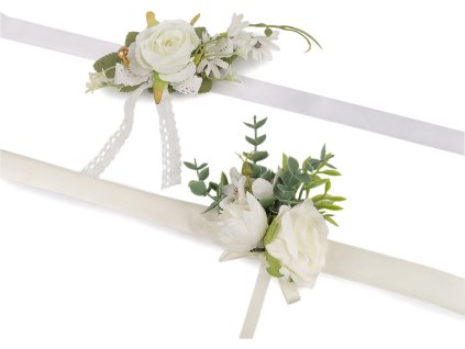 Náramek s květy pro družičky s uvazovací stuhou (Balení 1 ks, Varianta 1 krémová světlá)