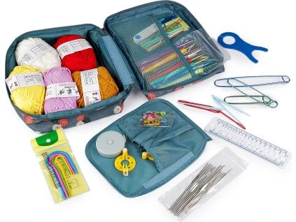 Sada háčků a pomůcek na háčkování v pouzdře (Balení 1 sada, Varianta modrošedá)