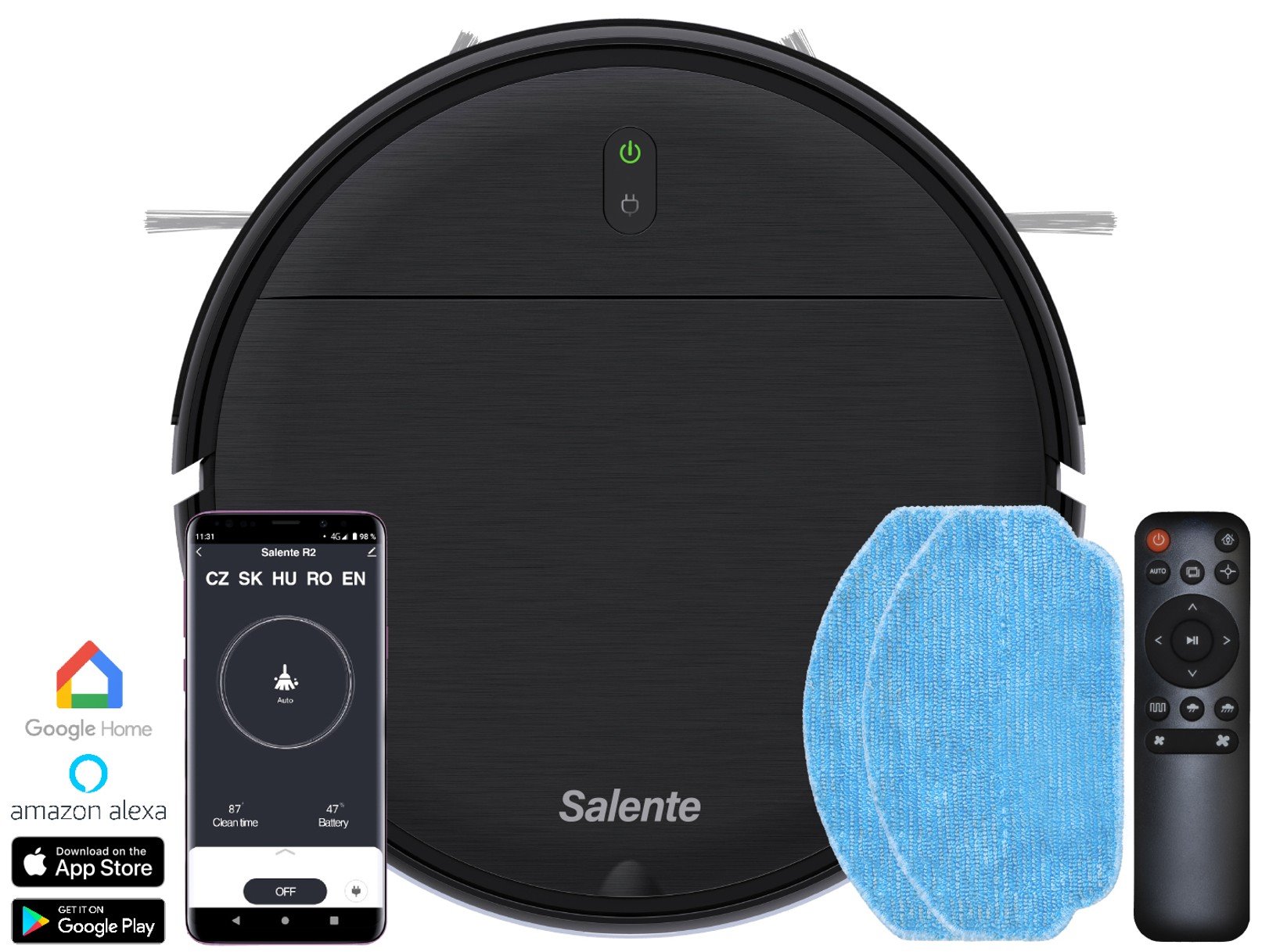 SALENTE R2, robotický vysavač, stírání vodou, nabíjecí stanice, černý