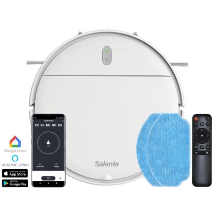 Salente R2, robotic vacuum cleaner, wet wiping, charging station, white