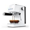 Salente Coffio, lever espresso maker, slight side view brewing two espressos into glass cups with a handle