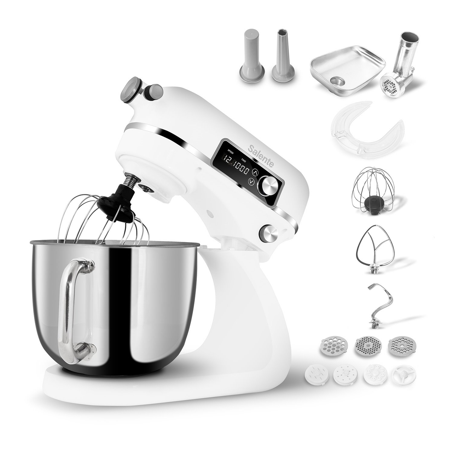 Salente DigiChef+, kuchynský robot, 6-litrová misa, celokovový, mlynček na mäso, digitálny displej, biely