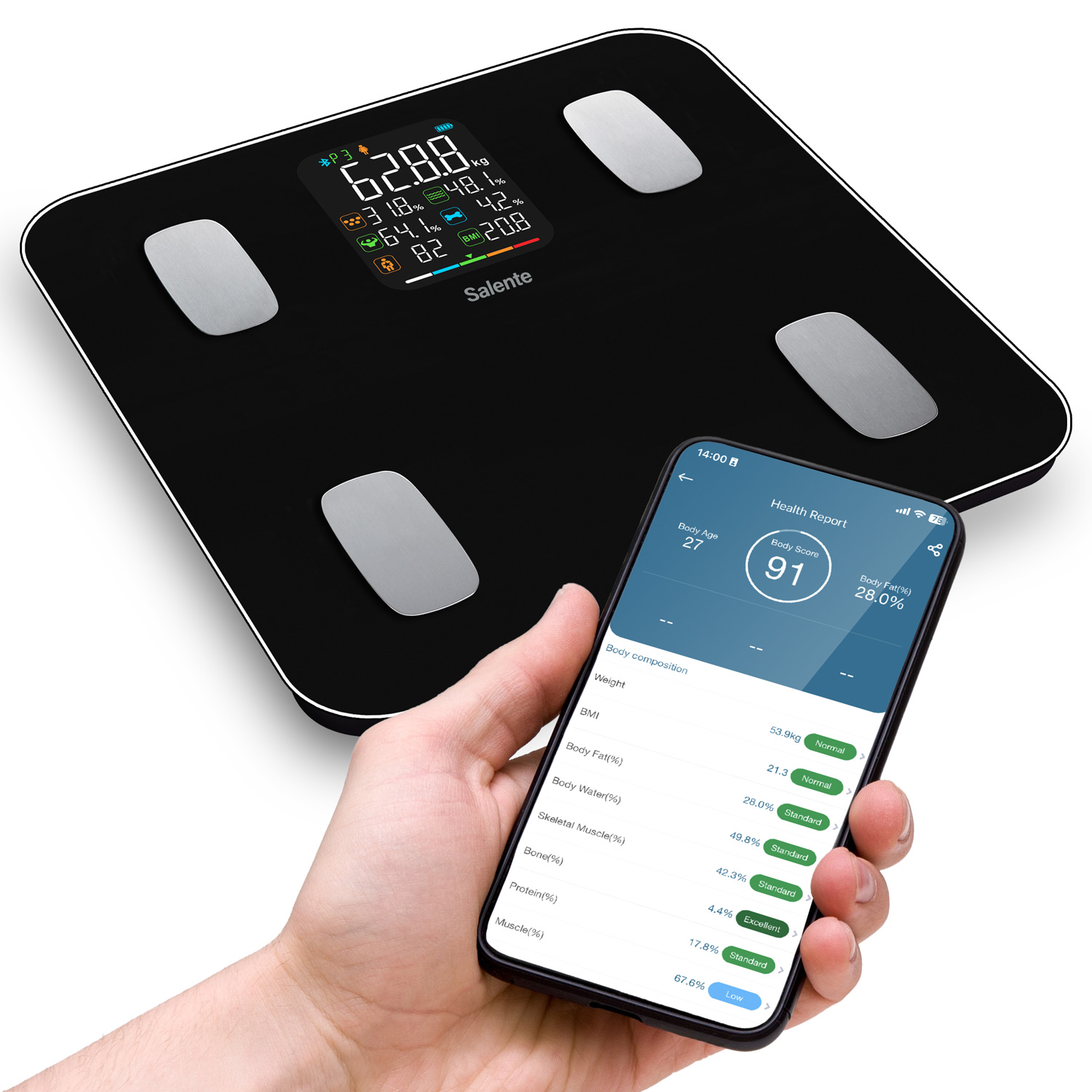 Salente MaxFit, inteligentná osobná diagnostická fitness váha, Bluetooth, čierna