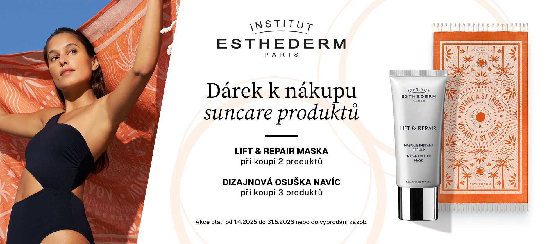 Banner značky Institut Esthederm k akci „Dárek k nákupu suncare produktů“. Vlevo je žena v černých plavkách s oranžovou osuškou, vpravo jsou zobrazené produkty Lift & Repair maska a designová osuška. Institut Esthederm – dárky k nákupu suncare péče: Lift
