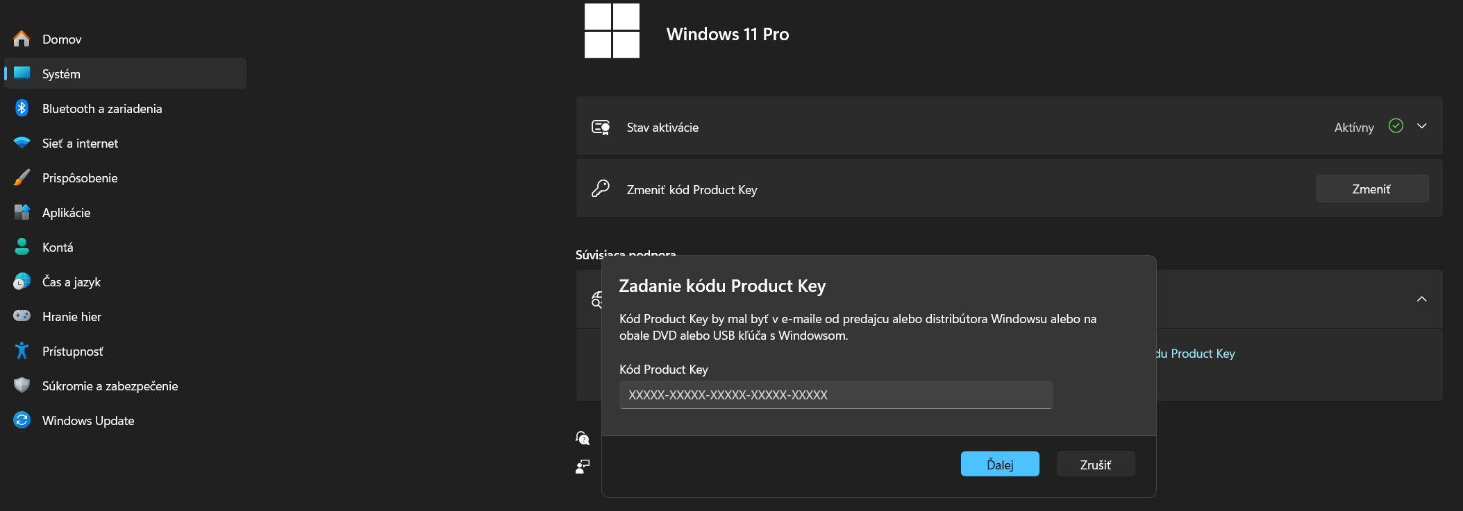 Snímek obrazovky aktivace