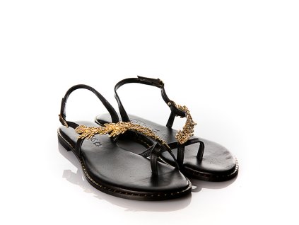 CARYATIS dámské sandálky se zlatým zdobením černé kožené | 621609 BLACK-GOLD