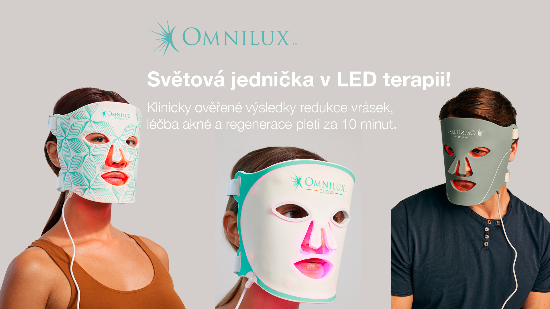 LED masky Omnilux – Contour, Clear a Men – profesionální světelná terapie pro omlazení pleti, léčbu akné a zklidnění pokožky. Schválené dermatology.