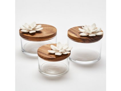 Lotus Box | Skleněná dóza s dřevěným víkem a bílou porcelánovou květinou