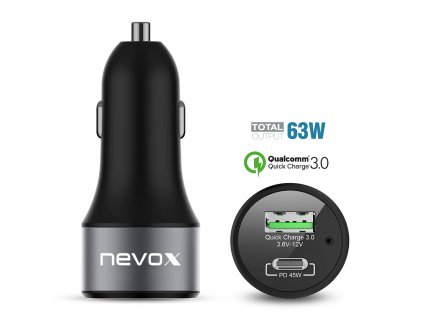 Nevox - 63W USB-C autonabíjačka + QC3.0 Kfz, čierna