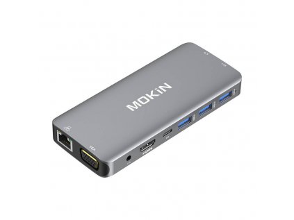 Adaptér Hub 10w1 MOKiN USB-C do 3x USB 3.0 + USB-C nabíjanie + HDMI + 3,5 mm audio + VGA + 2x RJ45 + Micro SD čítačka (srebrny)