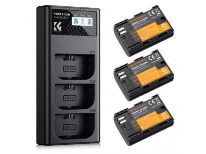 K&F Concept Batéria pre fotoaparát K&F LP-E6NH 2250 mAh, 3-balenie + nabíjačka, sada nabíjačiek LCD displeja