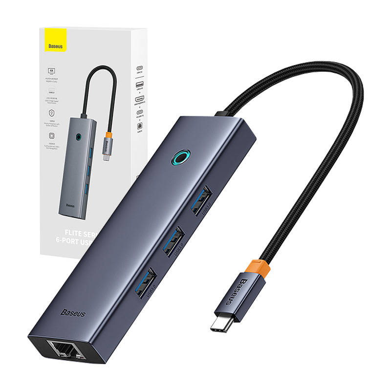 Hub 6w1 Baseus UltraJoy 6-Port (USB-C do 1xHDMI4K@30Hz + 3xUSB 3.0 + 1xPD +RJ45) 048708