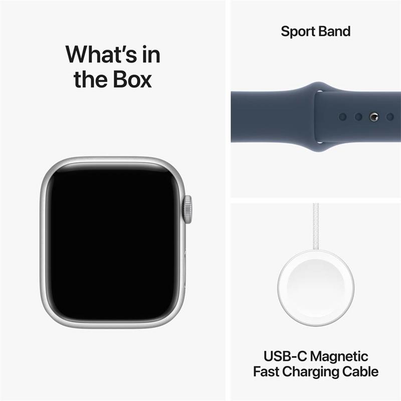 Apple Watch Series 9 GPS 45mm Silver Aluminium Case with Storm Blue Sport Band - M/L MR9E3QC/A