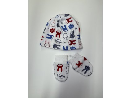 Čepička s rukavičkami pro miminko - králíčci - modrá