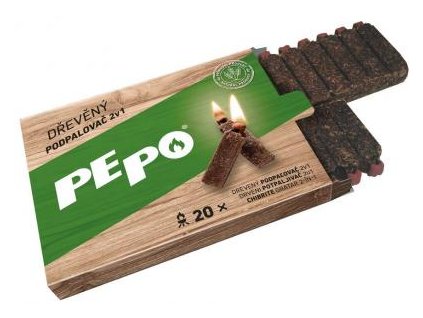 Podpaľovač PE-PO® 2v1, drevný,217475 20 ks, s zápalkou a škrkátkom, rozpaľovač na gril, kachle, krby, pece